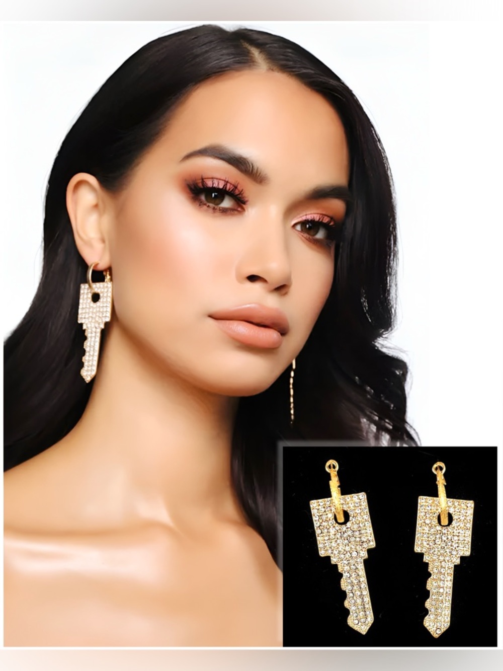 Gold Pavé Key Drop Earrings - Women Jewelry